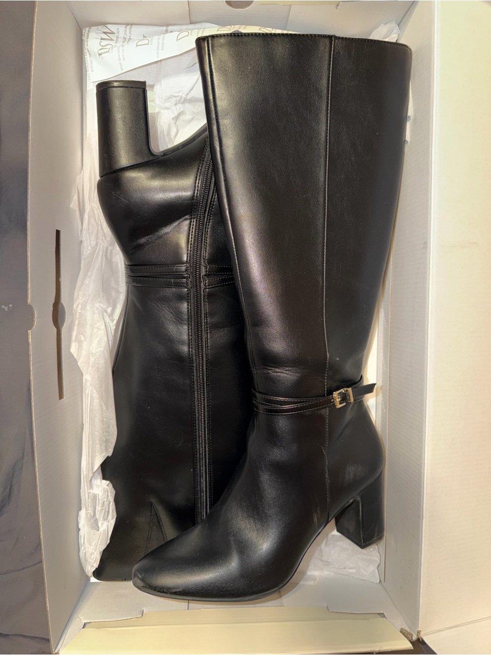 Anne Klein Black Leather Mid-Calf Block Heel Boots with Ankle Strap